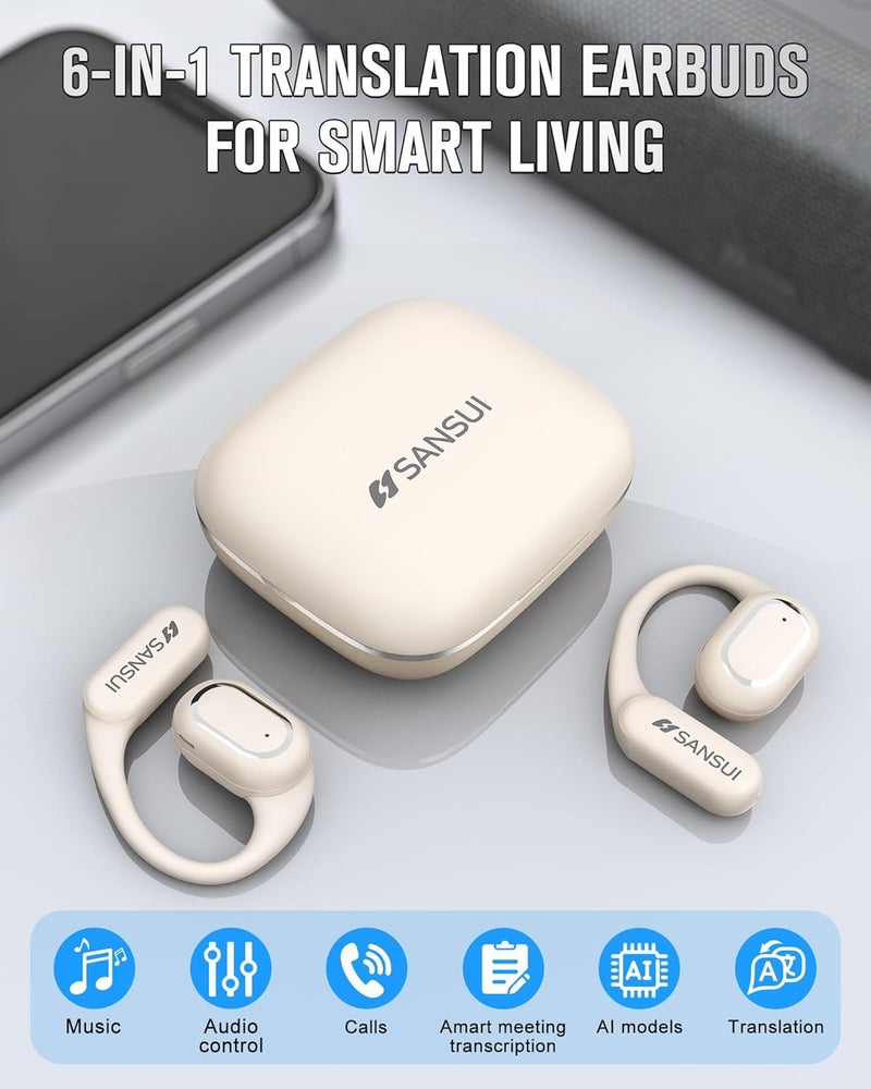 Sansui AI Translation Earbuds Real Time,6-in-1 Bluetooth 6.0 Language Translator Earbuds,Audifonos Traductores Inglés Español,Translate Ear Buds with 42H Playtime for Travel,Learning(Ivory White) - Image 2